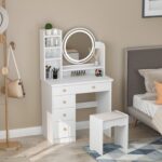 Wood Shah Modern Vanity Set With Lighted Mirror Make up Table for Girls,White - Image 6