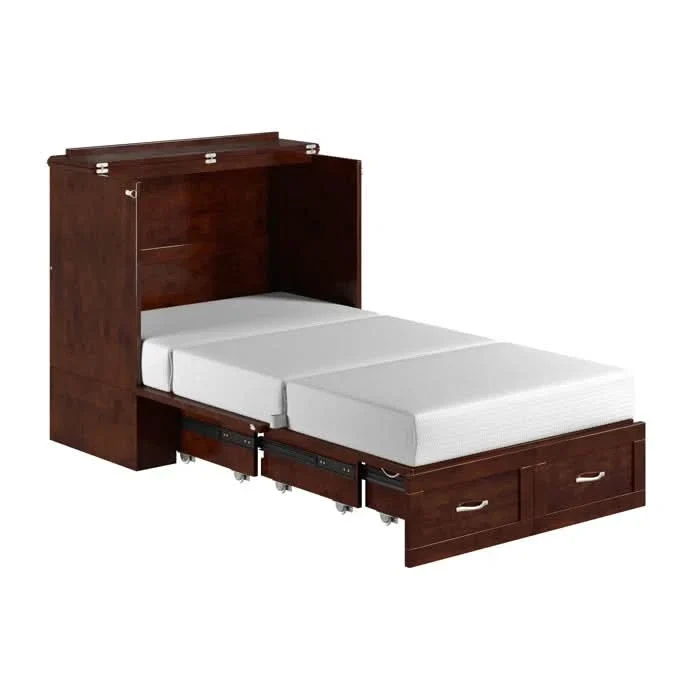 Wood Shah Queen Size Murphy Bed Chest with 6" Mattress, Storage & Built-in Charger - Image 5
