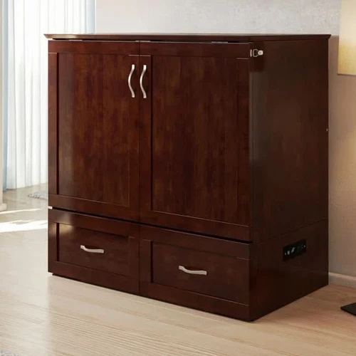 Wood Shah Queen Size Murphy Bed Chest with 6" Mattress, Storage & Built-in Charger - Image 2
