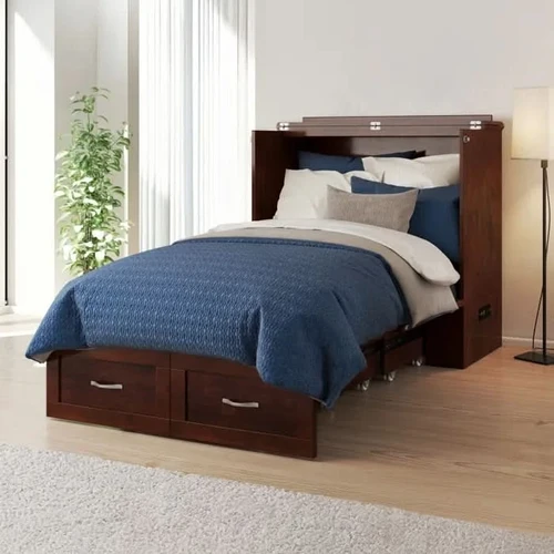 Wood Shah Queen Size Murphy Bed Chest with 6" Mattress, Storage & Built-in Charger - Image 3