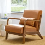 Wood Shah Pikker Mid-Century Modern PU Leather Accent Chair with Pillow