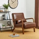 Wood Shah Pikker Mid-Century Modern PU Leather Accent Chair with Pillow - Image 11