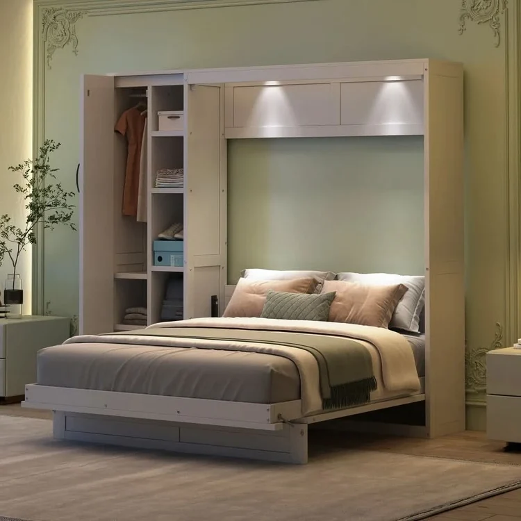 Wood-Murphy-Bed-Foldable-Wall-Bed-w--Shelves_-Wardrobe-_-LED-Lights Wood Shah Murphy Bed Foldable Wall Bed with Shelves, Wardrobe & LED Lights - Image 1