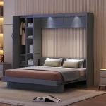 Wood Shah Murphy Bed Foldable Wall Bed with Shelves, Wardrobe & LED Lights - Image 2